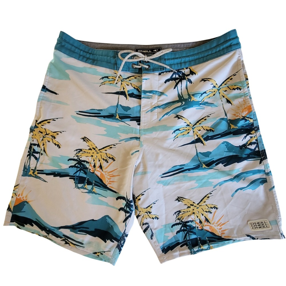 O'Neill Board Shorts Mens 34 White Blue Tropical‎ Palm Tree Cruzers Quick Dry